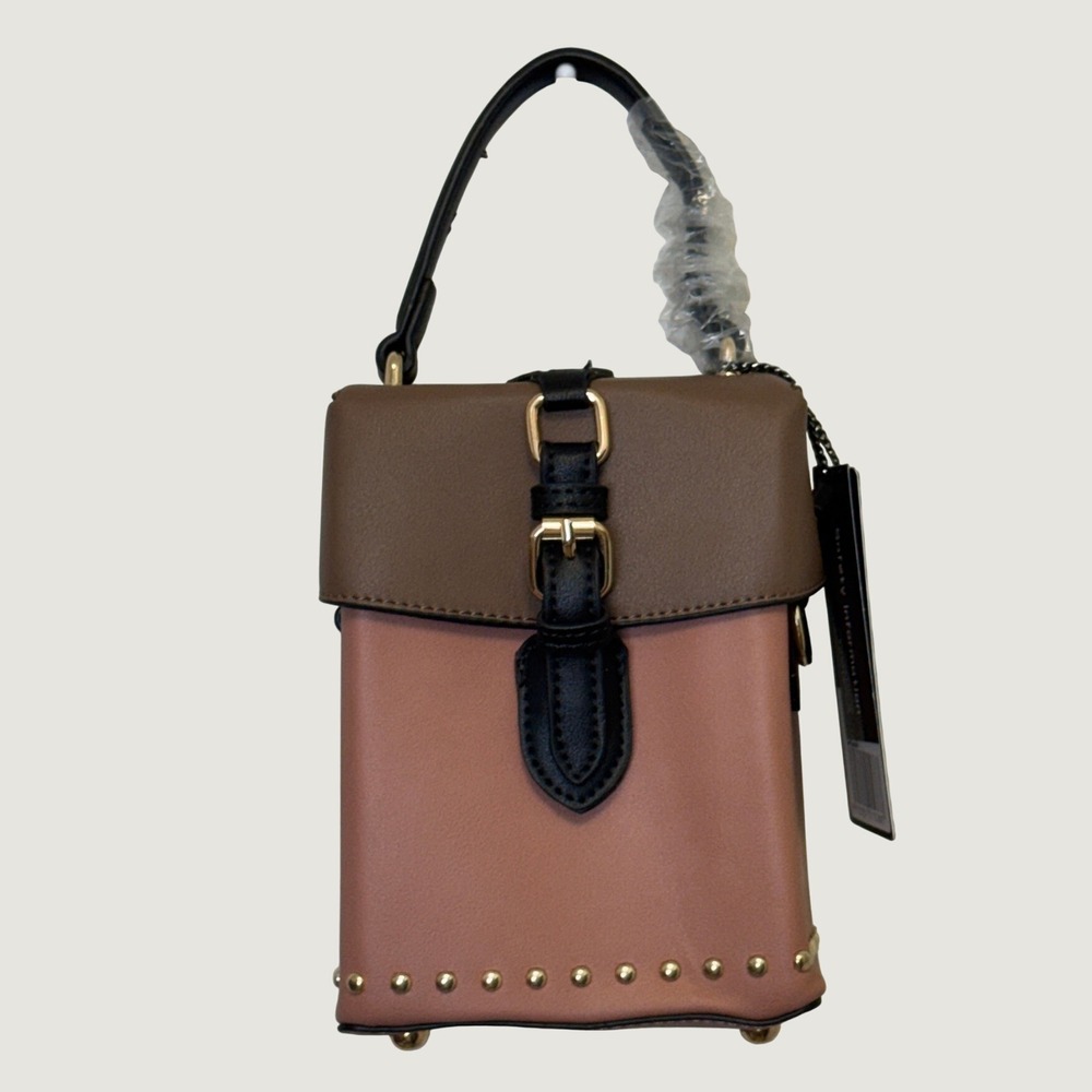 American Bee Vegan Crossbody Bag Mini Pink Tan Colorblock Studs Top Handle